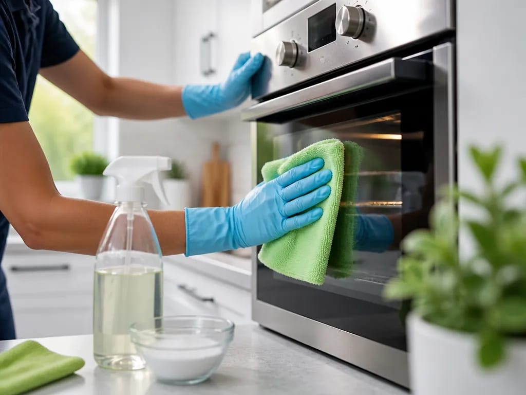 Professional cleaner wearing blue gloves wiping a stainless steel oven door with a green microfiber cloth in a bright modern kitchen