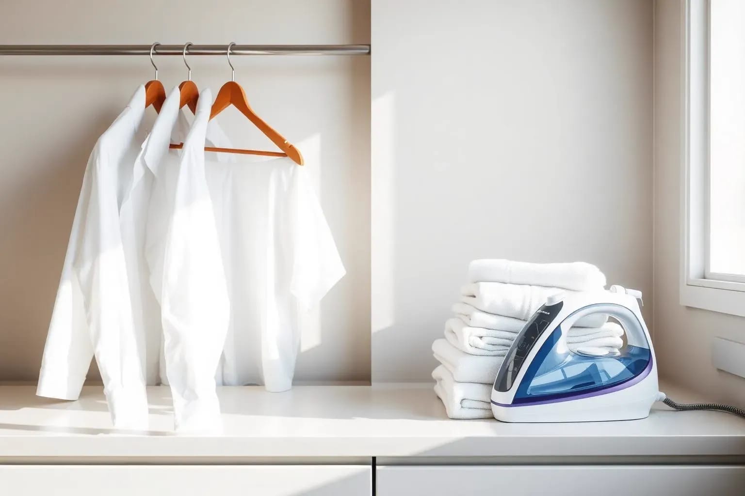 Freshly laundered white linens folded on a neatly made bed after laundry and ironing service