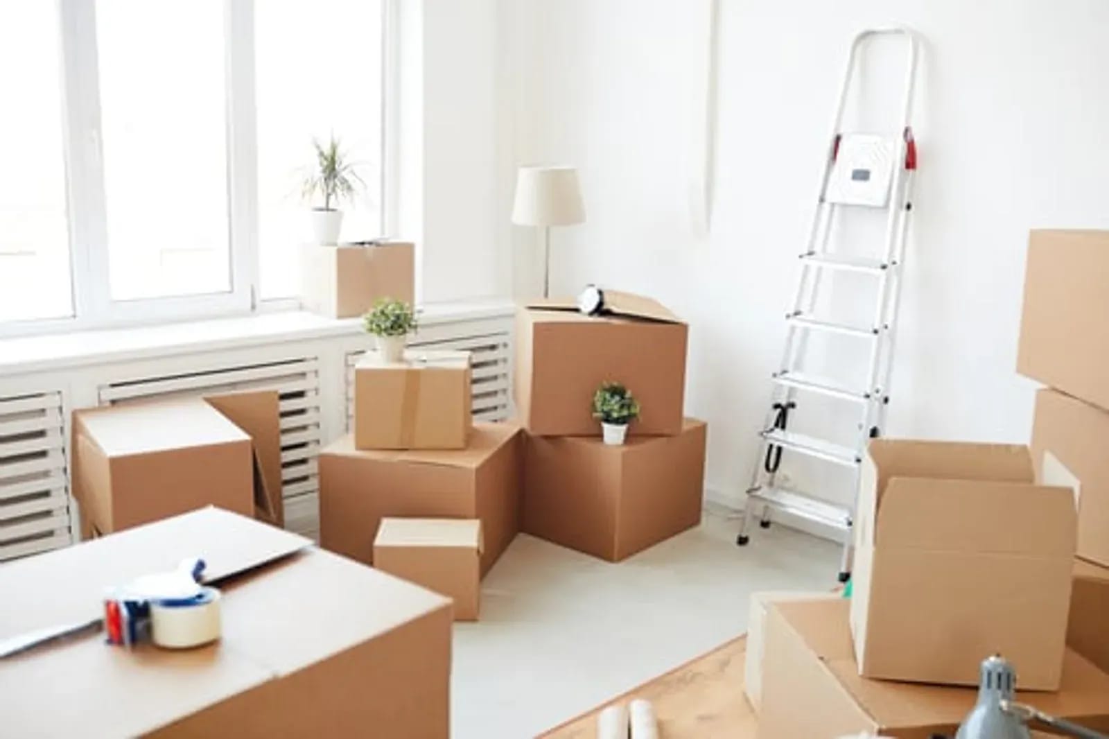 Moving boxes stacked in a bright empty living room ready for move-out cleaning service